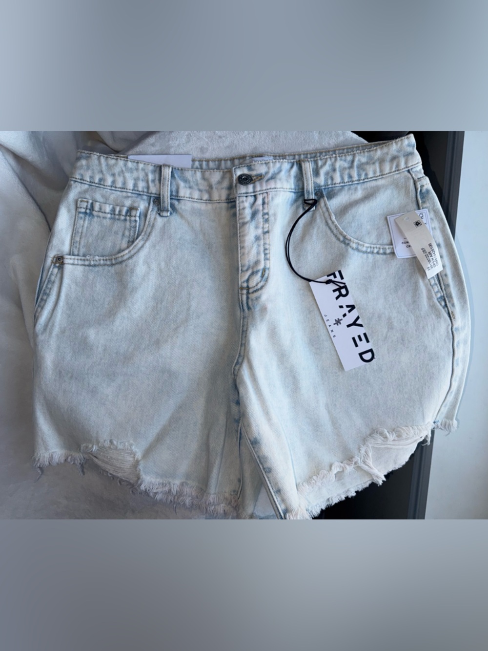 FRAYED Light Wash Distressed Denim Shorts - Pale Blue
